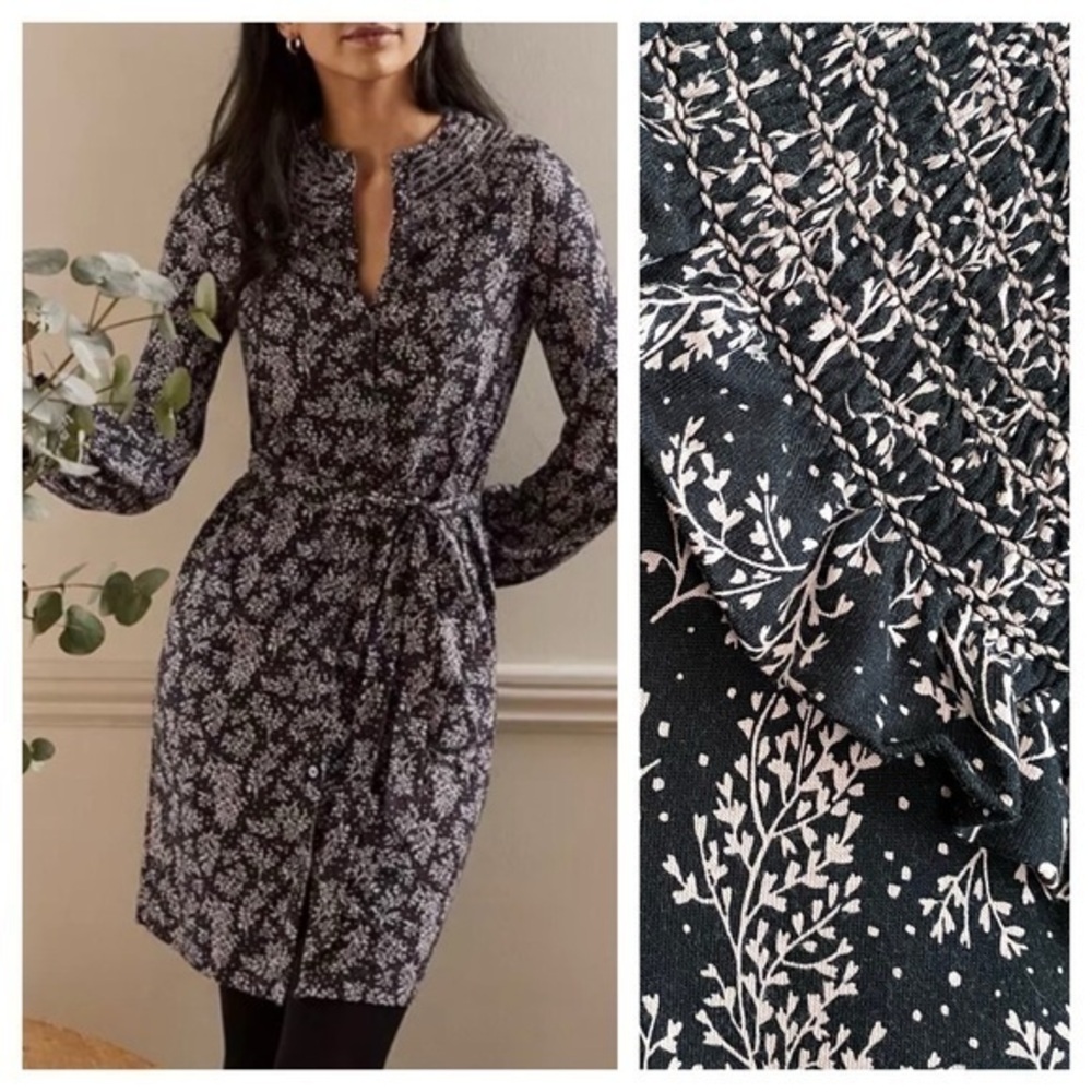Boden Smocked Detail Leafy Sprig Print Long Sleeve Jersey Dress 6